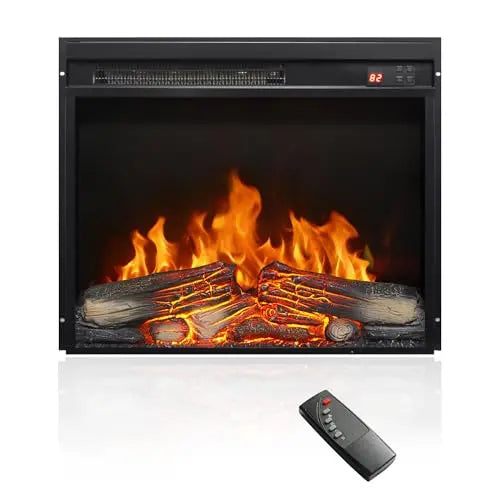 26 Inch Electric Fireplace Insert, Ultra Thin Heater with Log Set & Realistic Flame, Remote Control with Timer, Overheating Protection (26 inch) QIHAI