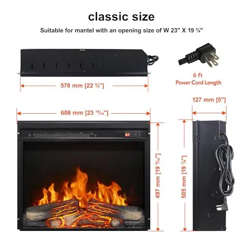 26 Inch Electric Fireplace Insert, Ultra Thin Heater with Log Set & Realistic Flame, Remote Control with Timer, Overheating Protection (26 inch) QIHAI