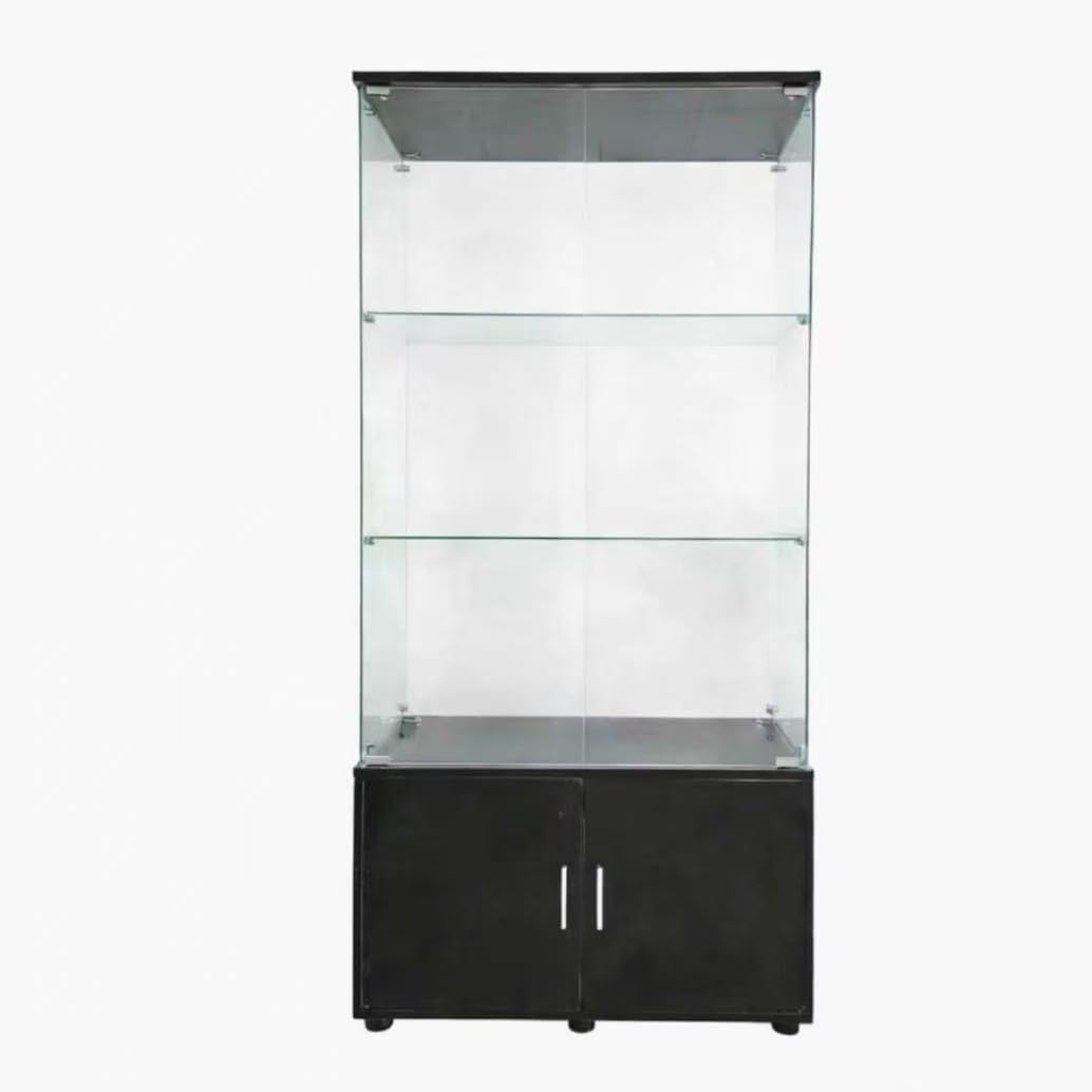 4-Tier Display Cabinet,Display Case with Glass Doors,Wine Cabinet with Lights, Storage Cabinets with 3 Shelves & 2 Drawers for Living Room,Dining (White)