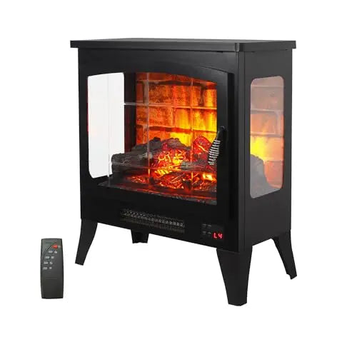 21 inchThree-Sided Freestanding Electric Fireplace Stove Heater with 3D Flame Effect with Remote Control (21 INCH-G) QIHAI