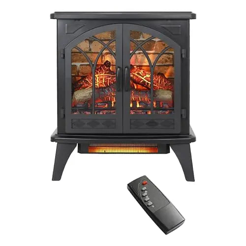 21 inchThree-Sided Freestanding Electric Fireplace Stove Heater with 3D Flame Effect with Remote Control (21 INCH-G) QIHAI