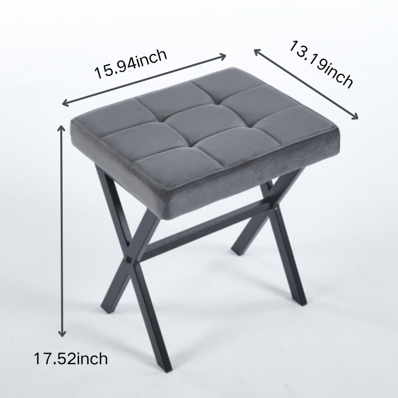 Vanity Stool - Square Faux Leather Makeup Seat with Metal X Legs, Small Ottoman Chair for Makeup Room, Living Room - Modern Padded Foot Rest (Dark Brown)
