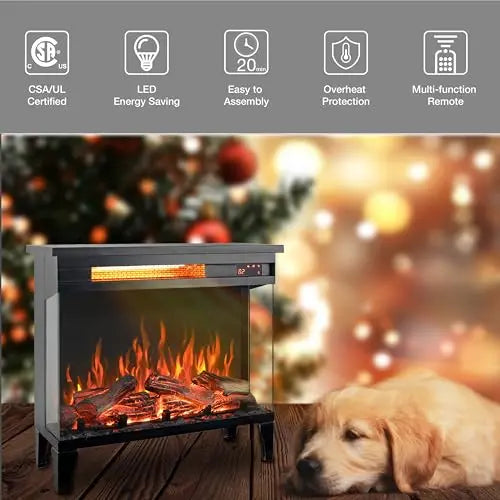 21 inchThree-Sided Freestanding Electric Fireplace Stove Heater with 3D Flame Effect with Remote Control (21 INCH-G) QIHAI