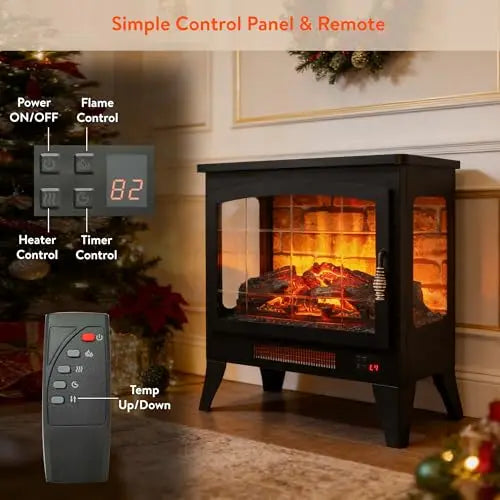 21 inchThree-Sided Freestanding Electric Fireplace Stove Heater with 3D Flame Effect with Remote Control (21 INCH-G) QIHAI
