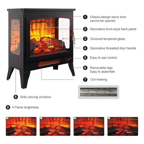 21 inchThree-Sided Freestanding Electric Fireplace Stove Heater with 3D Flame Effect with Remote Control (21 INCH-G) QIHAI