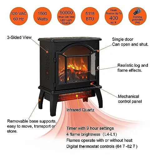21 inchThree-Sided Freestanding Electric Fireplace Stove Heater with 3D Flame Effect with Remote Control (21 INCH-G) QIHAI