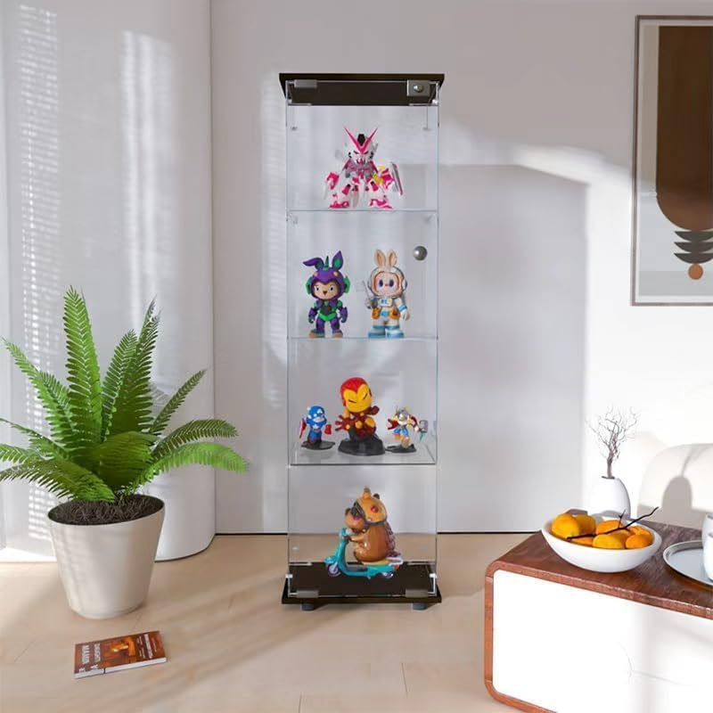 Glass Display Cabinet 4 Shelves with Door, Easy to Install, Solid Tempered Glass, Floor Standing Curio Bookshelf for Living Room,White