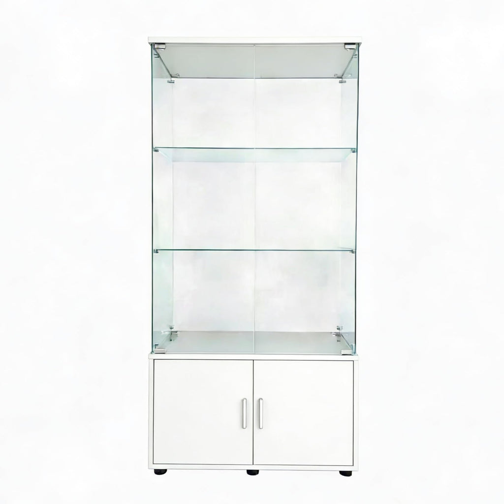 4-Tier Display Cabinet,Display Case with Glass Doors,Wine Cabinet with Lights, Storage Cabinets with 3 Shelves & 2 Drawers for Living Room,Dining (White)