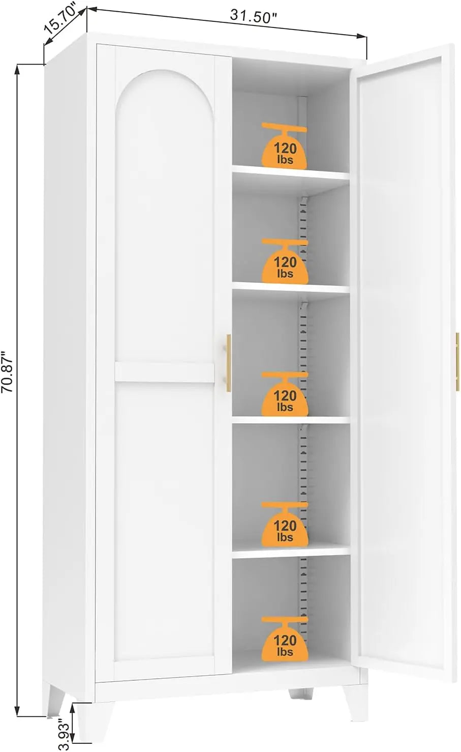 QIHAI 71'' 2 Shapely Doors Cabinet, Metal Storage Cabinet with Doors and Adjustable Shelves, for Kitchen, Dining Room, Living Room,White QIHAI