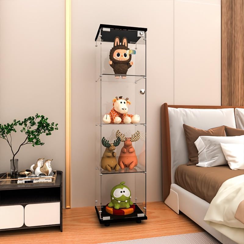 Glass Display Cabinet 4 Shelves with Door, Easy to Install, Solid Tempered Glass, Floor Standing Curio Bookshelf for Living Room,White