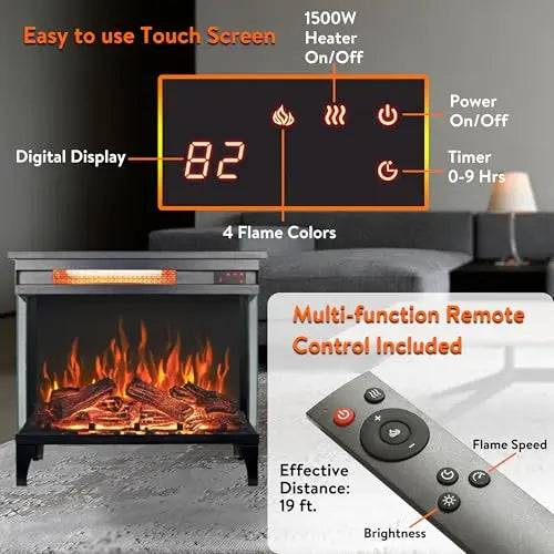 21 inchThree-Sided Freestanding Electric Fireplace Stove Heater with 3D Flame Effect with Remote Control (21 INCH-G) QIHAI