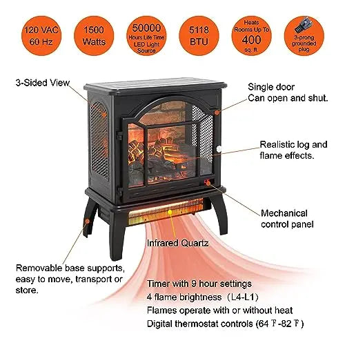 21 inchThree-Sided Freestanding Electric Fireplace Stove Heater with 3D Flame Effect with Remote Control (21 INCH-G) QIHAI