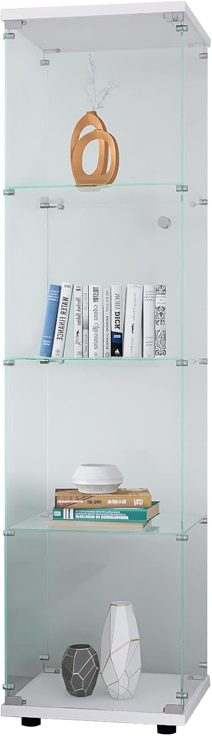 Glass Display Cabinet 4 Shelves with Door, Easy to Install, Solid Tempered Glass, Floor Standing Curio Bookshelf for Living Room,White