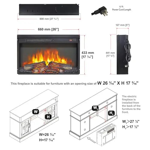 26 Inch Electric Fireplace Insert, Ultra Thin Heater with Log Set & Realistic Flame, Remote Control with Timer, Overheating Protection (26 inch) QIHAI