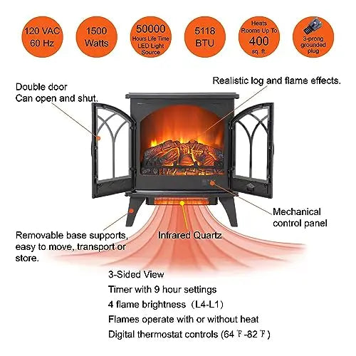 21 inchThree-Sided Freestanding Electric Fireplace Stove Heater with 3D Flame Effect with Remote Control (21 INCH-G) QIHAI