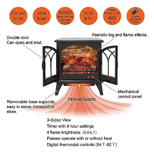 21 inchThree-Sided Freestanding Electric Fireplace Stove Heater with 3D Flame Effect with Remote Control (21 INCH-G) QIHAI