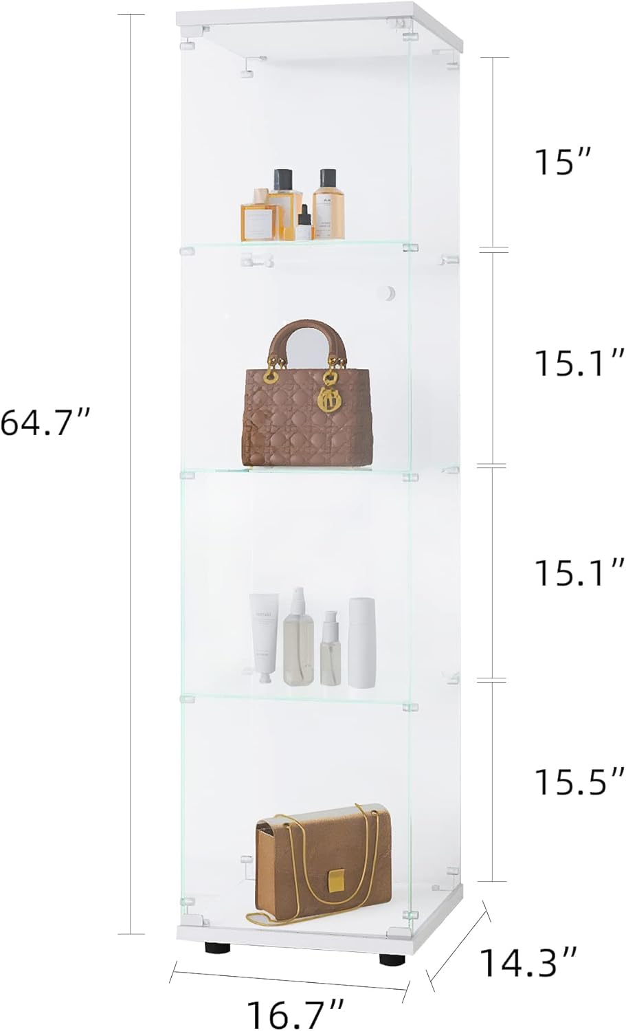Glass Display Cabinet 4 Shelves with Door, Easy to Install, Solid Tempered Glass, Floor Standing Curio Bookshelf for Living Room,White