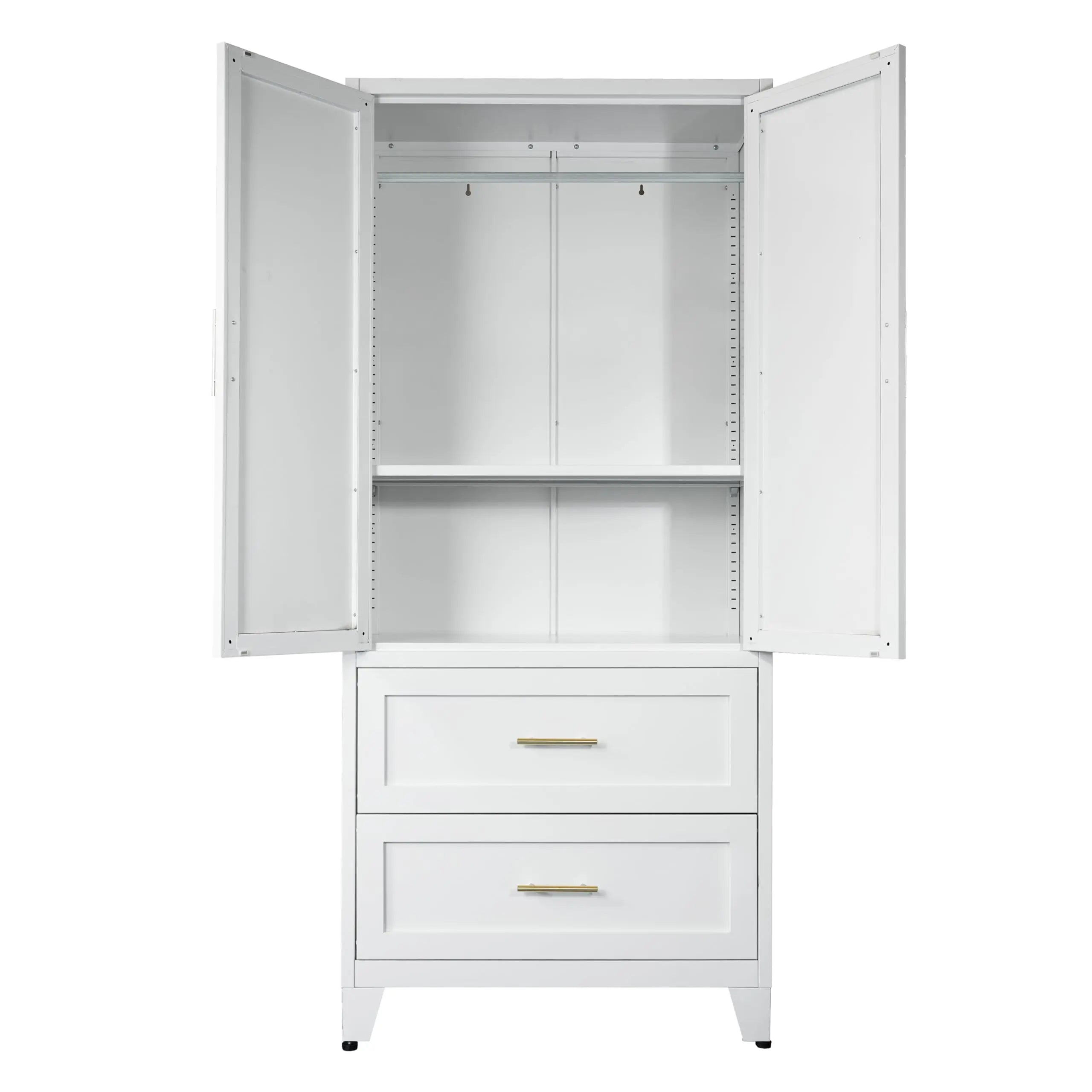 QIHAI Bedroom Armoires,71" Tall Metal Wardrobe Cabinet with 2 Drawers and Hanging Rod, 2 Doors Wardrobe Closet with Shelf for Bedroom, Office, Laundry Room,Entryway,Foyer,Guesthouse,White QIHAI