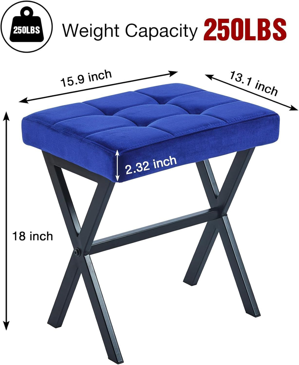 Vanity Stool - Square Faux Leather Makeup Seat with Metal X Legs, Small Ottoman Chair for Makeup Room, Living Room - Modern Padded Foot Rest (Dark Brown)