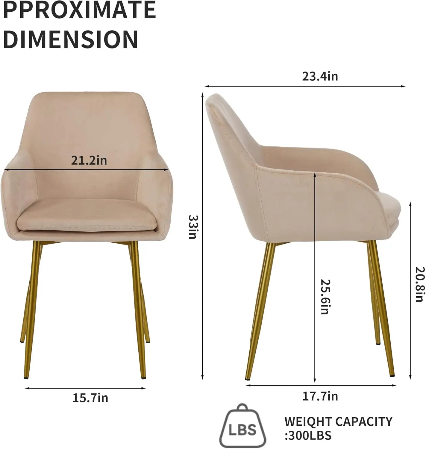 QIHAI Dining Chairs Set of 2,Dining Chairs with Gold Metal Legs, Modern Padded Chairs Suitable for Dining Rooms, Kitchens, and Vanity Tables,Beige QIHAI