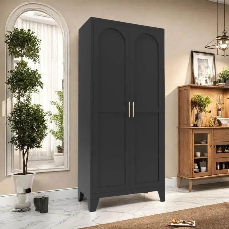 QIHAI 71'' 2 Shapely Doors Cabinet, Metal Storage Cabinet with Doors and Adjustable Shelves, for Kitchen, Dining Room, Living Room,White QIHAI
