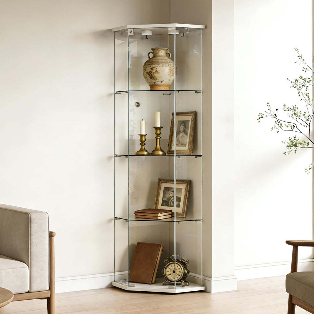 Corner Display Cabinet,Curio Cabinet with Tempered Glass Doors, Wine Bar Cabinet with Lights and Locks,4 Tier Glass Display Case for Living Room,Dining Room,Corridor,Office (Black)