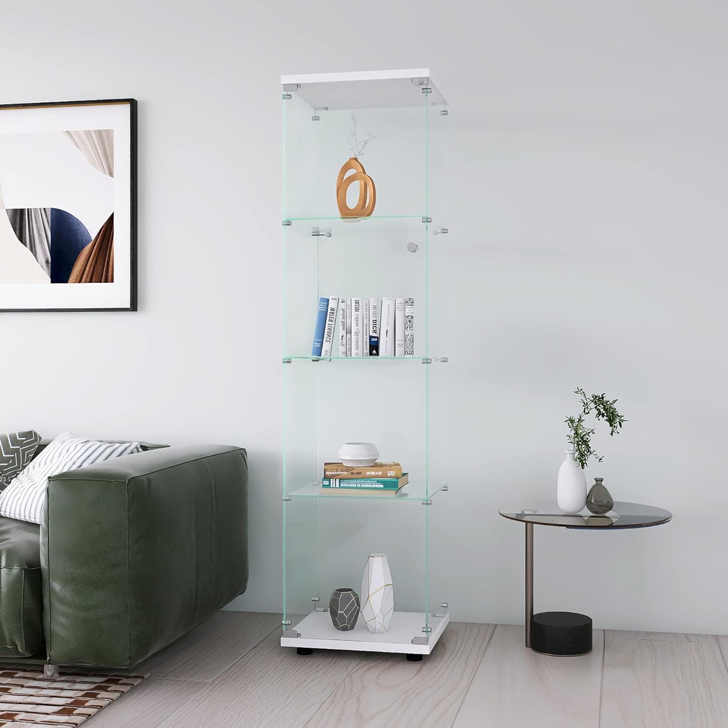 Glass Display Cabinet 4 Shelves with Door, Easy to Install, Solid Tempered Glass, Floor Standing Curio Bookshelf for Living Room,White