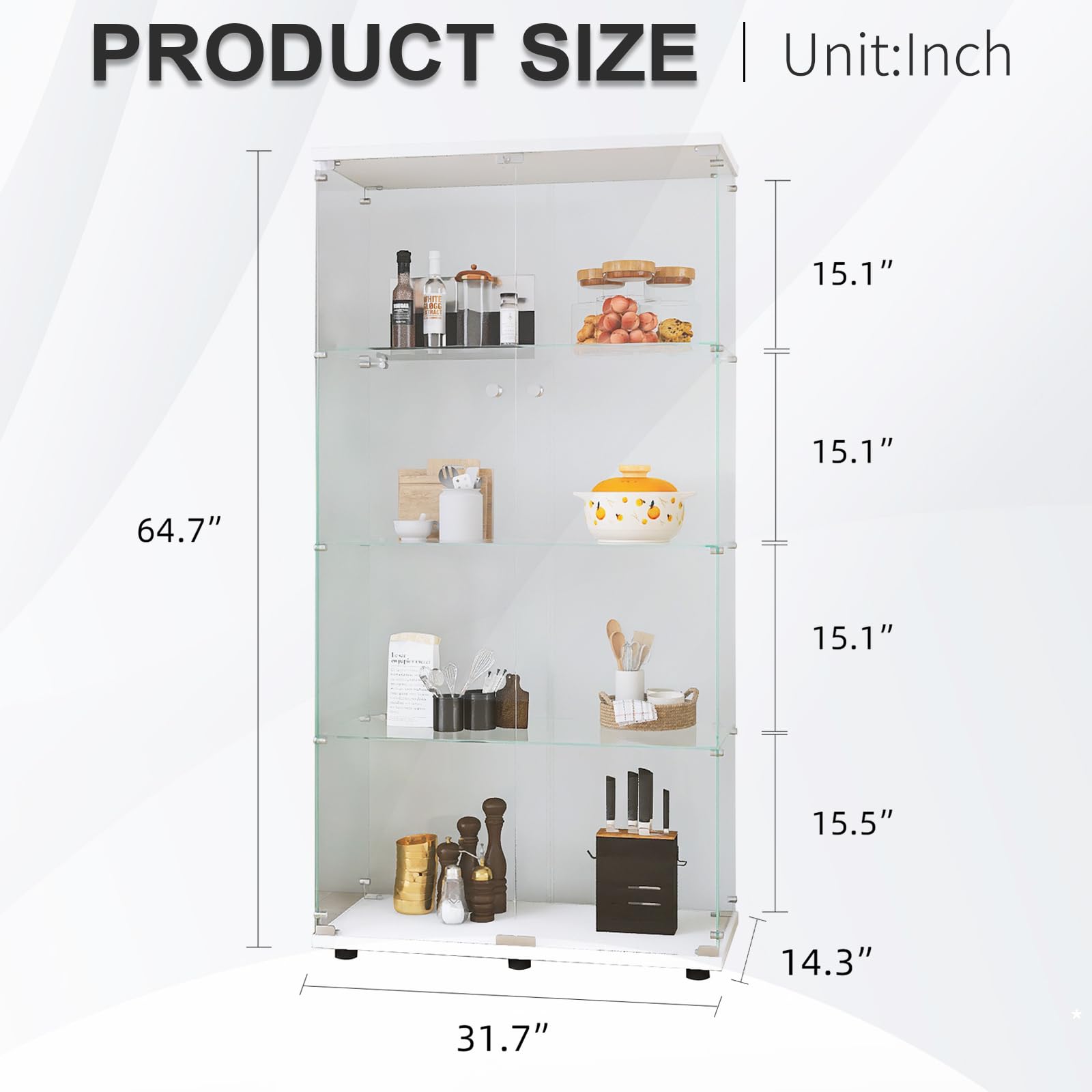 Glass Display Cabinet 4 Shelves with Door, Easy to Install, Solid Tempered Glass, Floor Standing Curio Bookshelf for Living Room,White