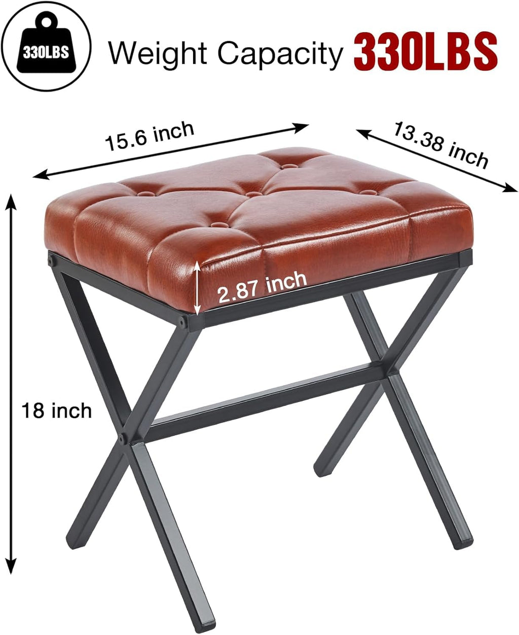 Vanity Stool - Square Faux Leather Makeup Seat with Metal X Legs, Small Ottoman Chair for Makeup Room, Living Room - Modern Padded Foot Rest (Dark Brown)