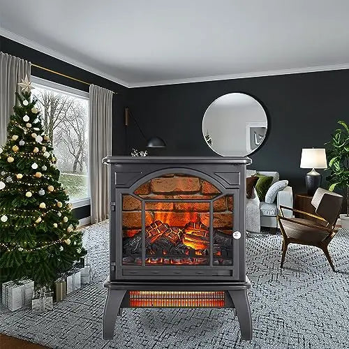 21 inchThree-Sided Freestanding Electric Fireplace Stove Heater with 3D Flame Effect with Remote Control (21 INCH-G) QIHAI