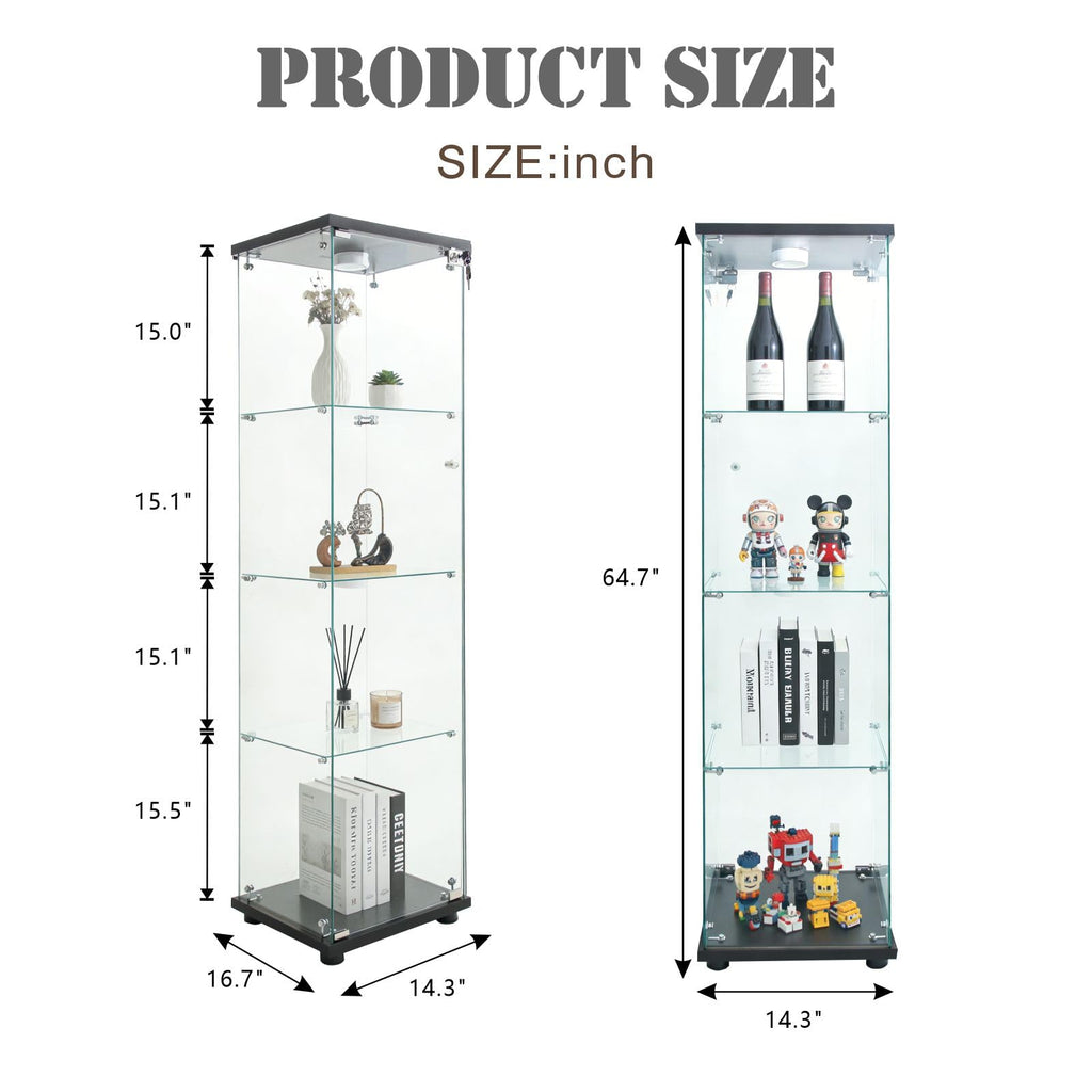 Glass Display Cabinet 4 Shelves with Door, Easy to Install, Solid Tempered Glass, Floor Standing Curio Bookshelf for Living Room,White