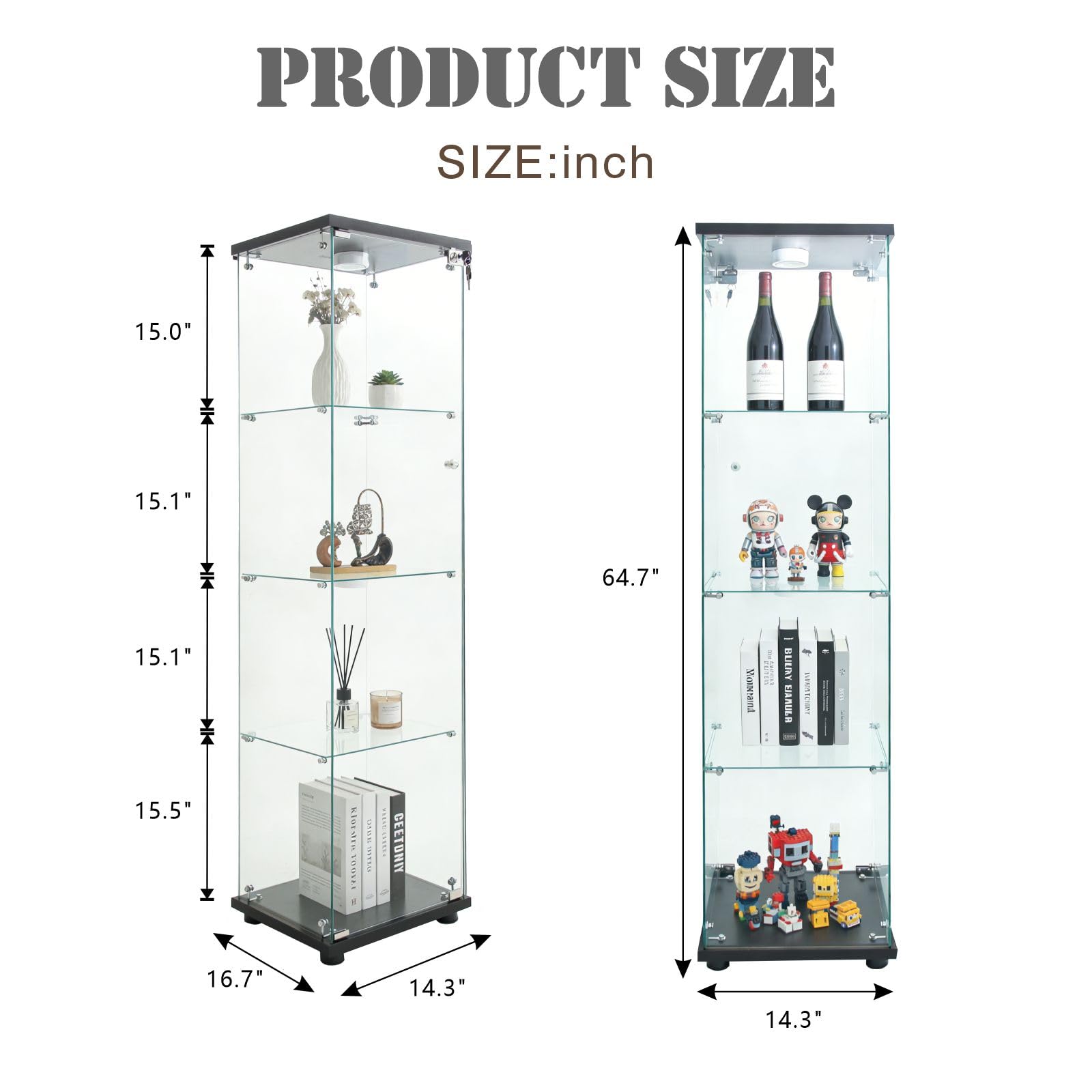 Glass Display Cabinet 4 Shelves with Door, Easy to Install, Solid Tempered Glass, Floor Standing Curio Bookshelf for Living Room,White
