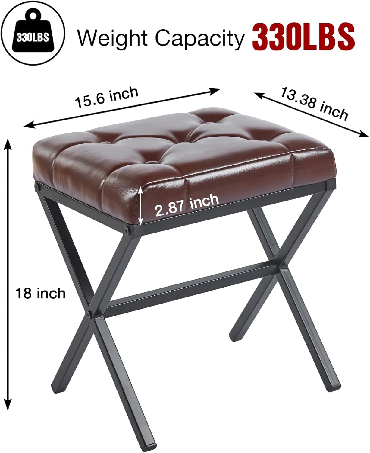 Vanity Stool - Square Faux Leather Makeup Seat with Metal X Legs, Small Ottoman Chair for Makeup Room, Living Room - Modern Padded Foot Rest (Dark Brown)