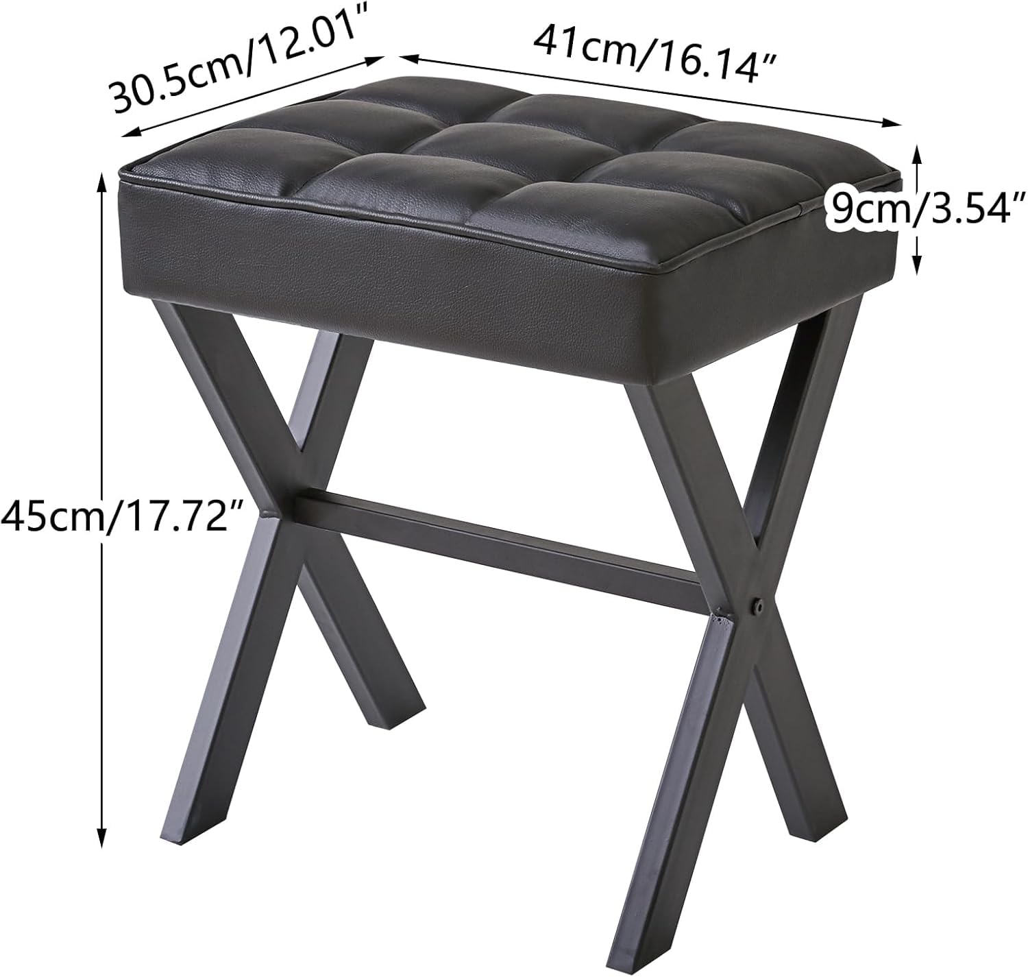 Vanity Stool - Square Faux Leather Makeup Seat with Metal X Legs, Small Ottoman Chair for Makeup Room, Living Room - Modern Padded Foot Rest (Dark Brown)