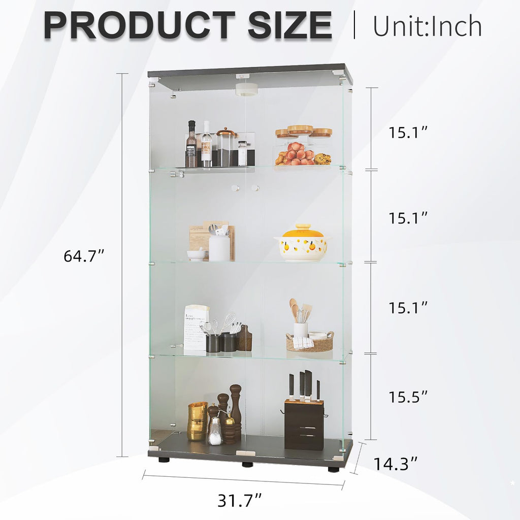 Glass Display Cabinet 4 Shelves with Door, Easy to Install, Solid Tempered Glass, Floor Standing Curio Bookshelf for Living Room,White