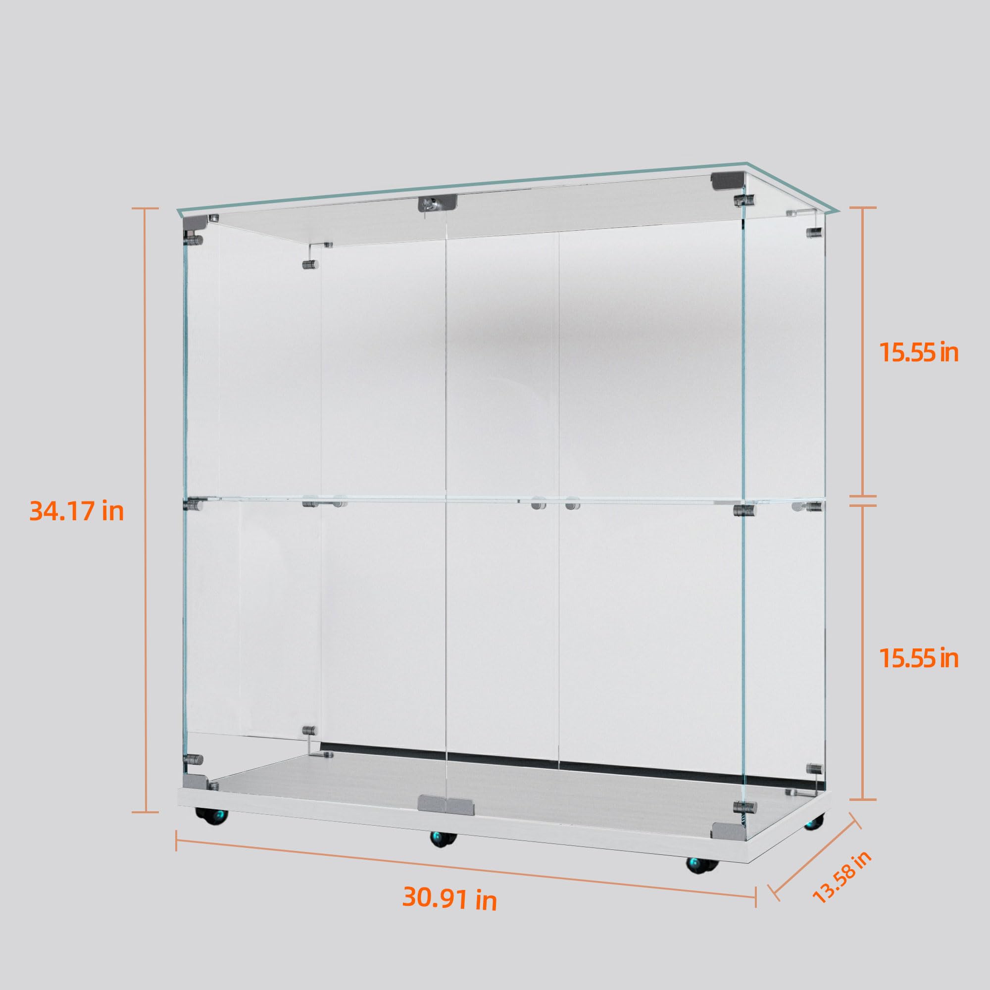 2-Tier Glass Display Case with Lights,2 Doors Curio Cabinets with Lock,Glass Display Cabine with Universal Wheel for Living Room, Office (Black)