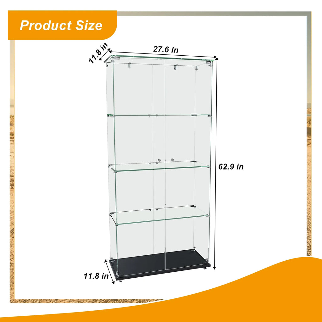QIHAI Glass Display Cabinet,Premium 4-Tier Diamond Glass Display Case with 5 Dynamic LED Modes, Tempered Glass Curio Cabinet for Collectibles & Decor (62.99x27.56x11.81 Inches) QIHAI