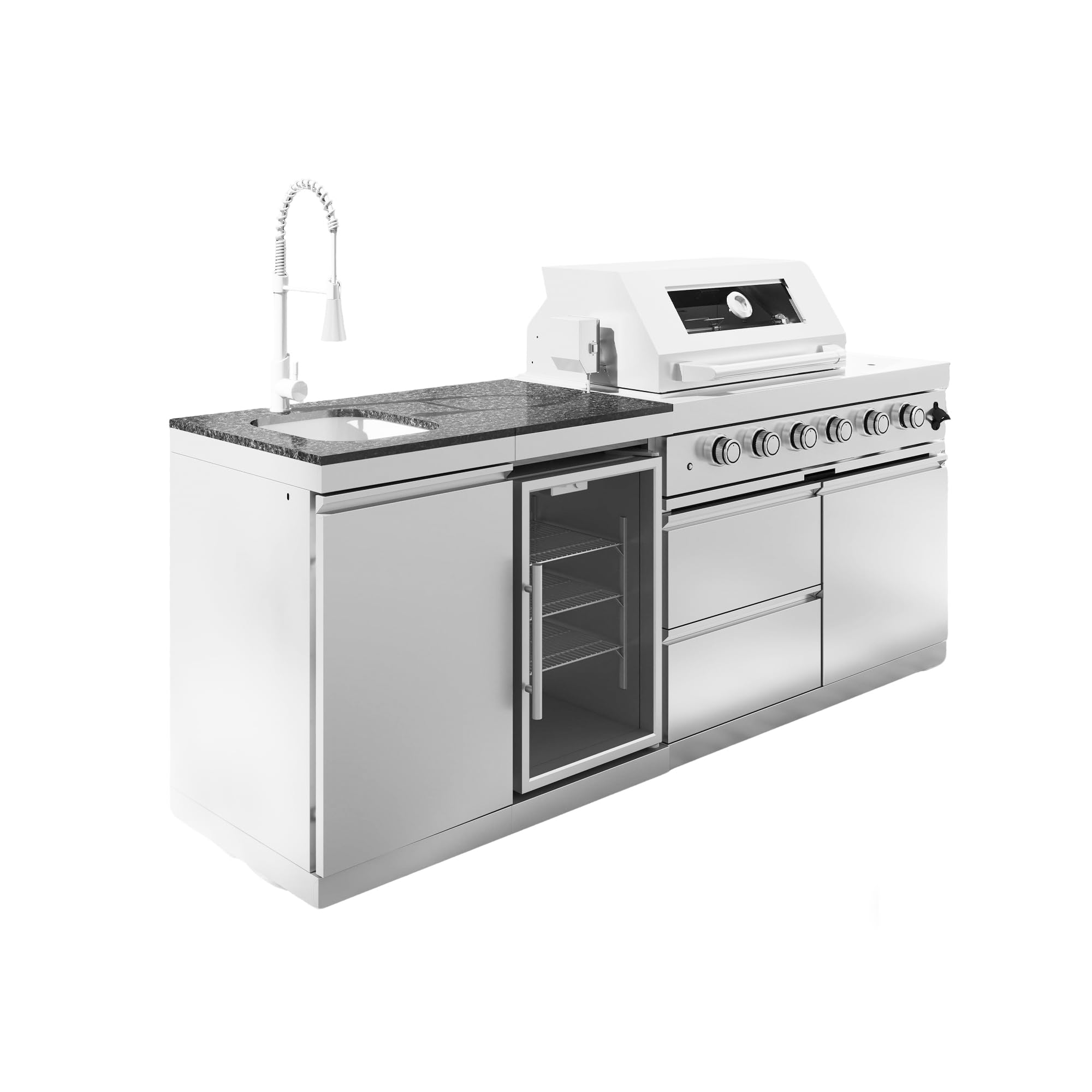 46-Inch 4-Burner 72000 BTU Deluxe Stainless Steel Gas Outdoor Kitchen Bar Barbecue Island Grill, Wine Cooler Compact Refrigerator, Rotisserie, Granite Countertops, Stainless steel Sink,Black
