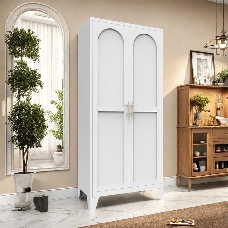 QIHAI 71'' 2 Shapely Doors Cabinet, Metal Storage Cabinet with Doors and Adjustable Shelves, for Kitchen, Dining Room, Living Room,White QIHAI