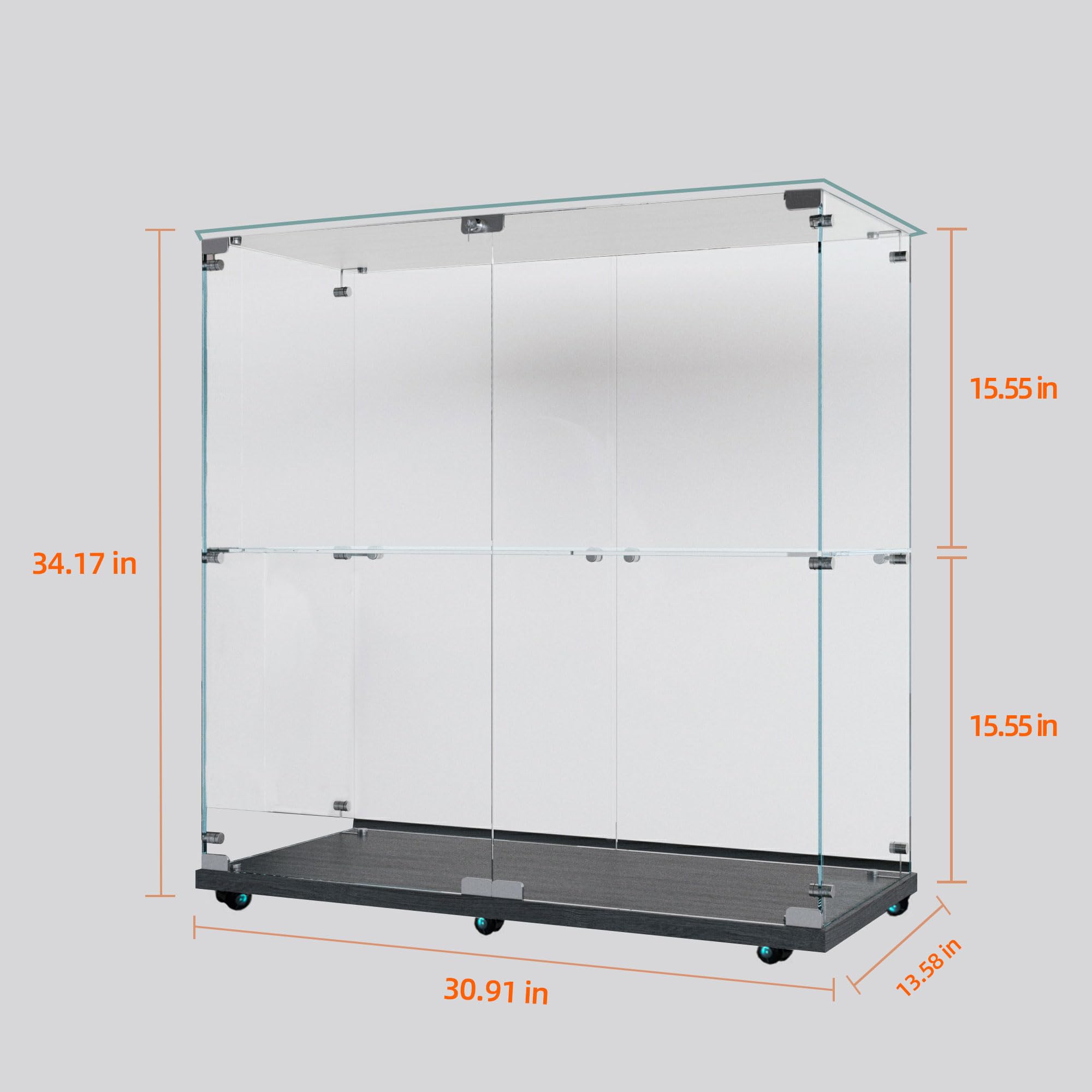 2-Tier Glass Display Case with Lights,2 Doors Curio Cabinets with Lock,Glass Display Cabine with Universal Wheel for Living Room, Office (Black)