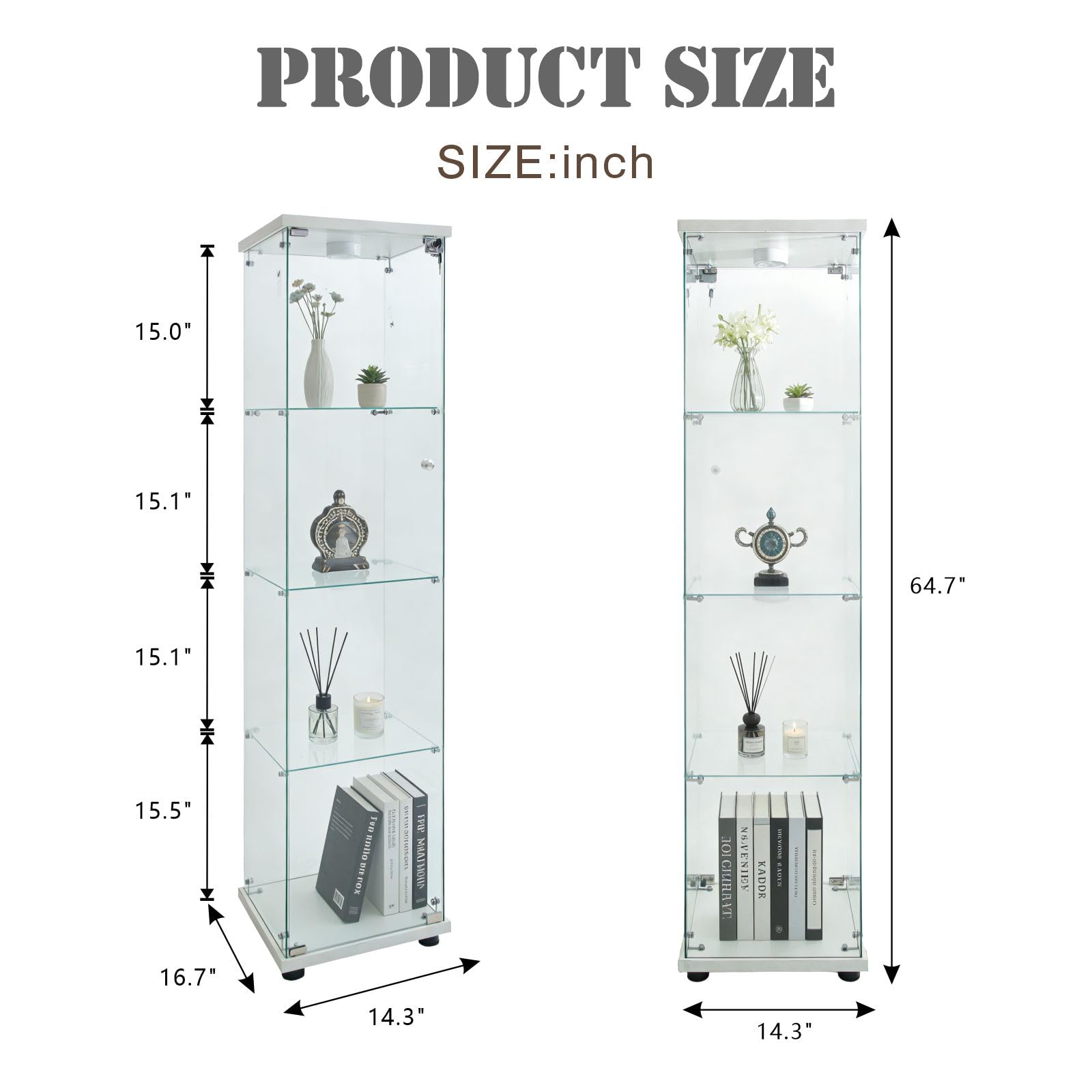 Glass Display Cabinet 4 Shelves with Door, Easy to Install, Solid Tempered Glass, Floor Standing Curio Bookshelf for Living Room,White