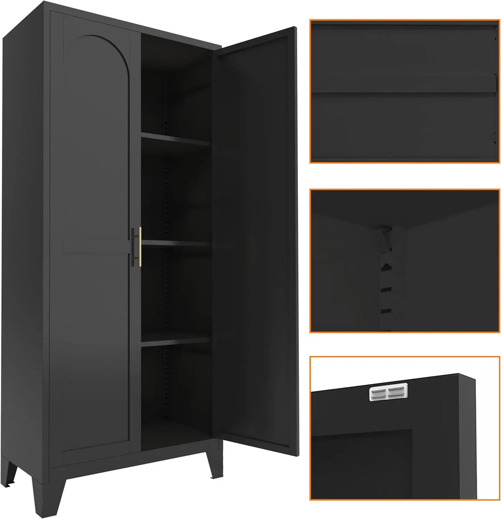 QIHAI 71'' 2 Shapely Doors Cabinet, Metal Storage Cabinet with Doors and Adjustable Shelves, for Kitchen, Dining Room, Living Room,White QIHAI