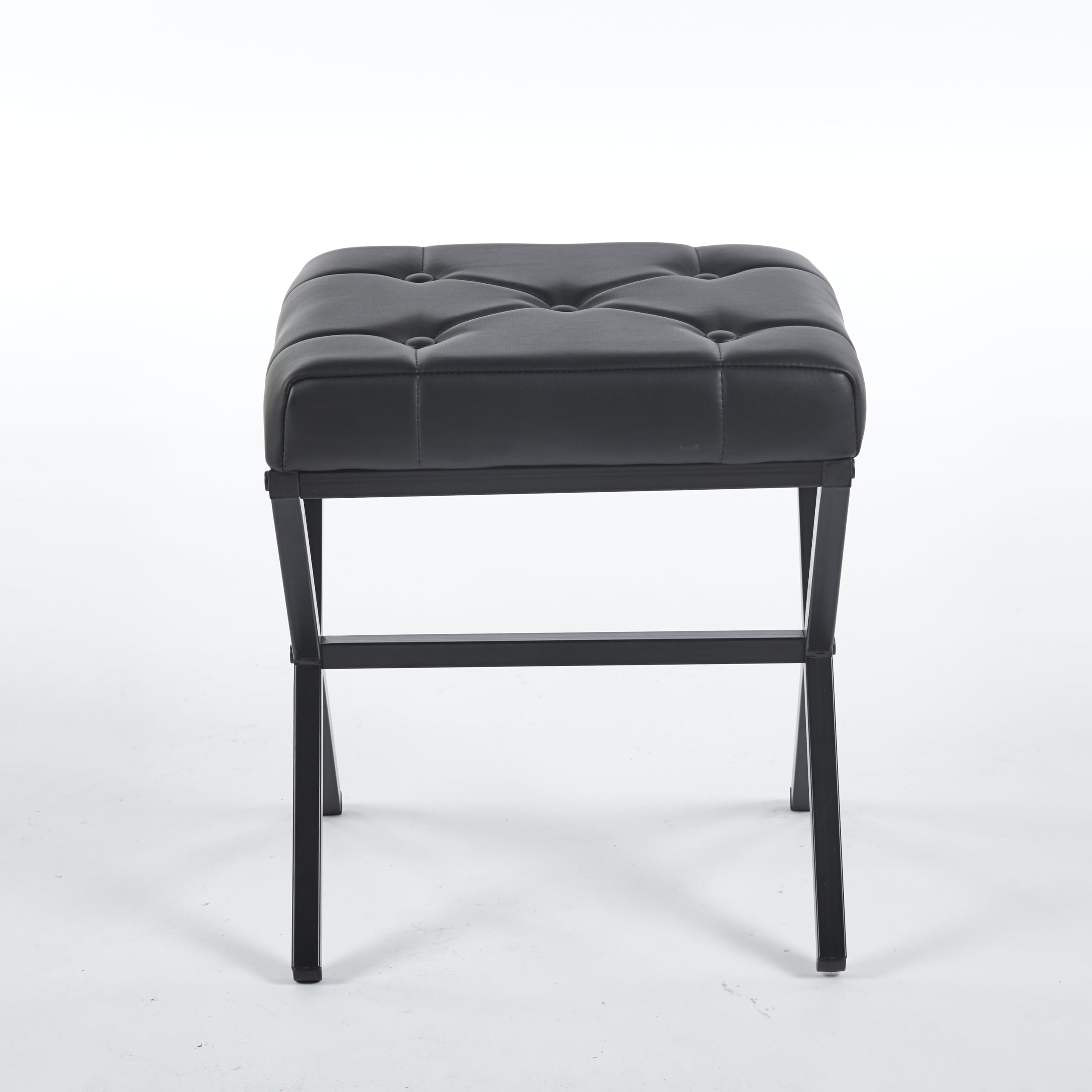 Vanity Stool - Square Faux Leather Makeup Seat with Metal X Legs, Small Ottoman Chair for Makeup Room, Living Room - Modern Padded Foot Rest (Dark Brown)