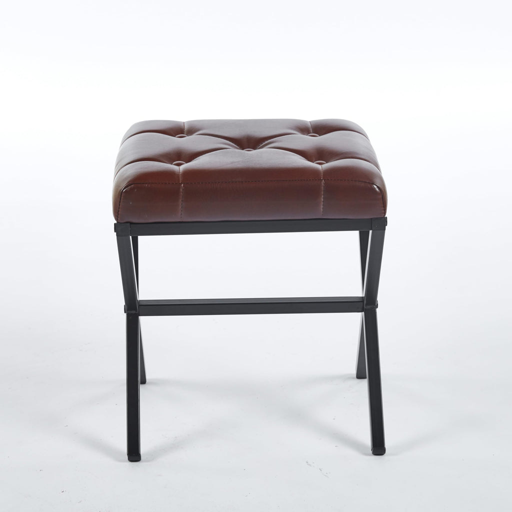 Vanity Stool - Square Faux Leather Makeup Seat with Metal X Legs, Small Ottoman Chair for Makeup Room, Living Room - Modern Padded Foot Rest (Dark Brown)