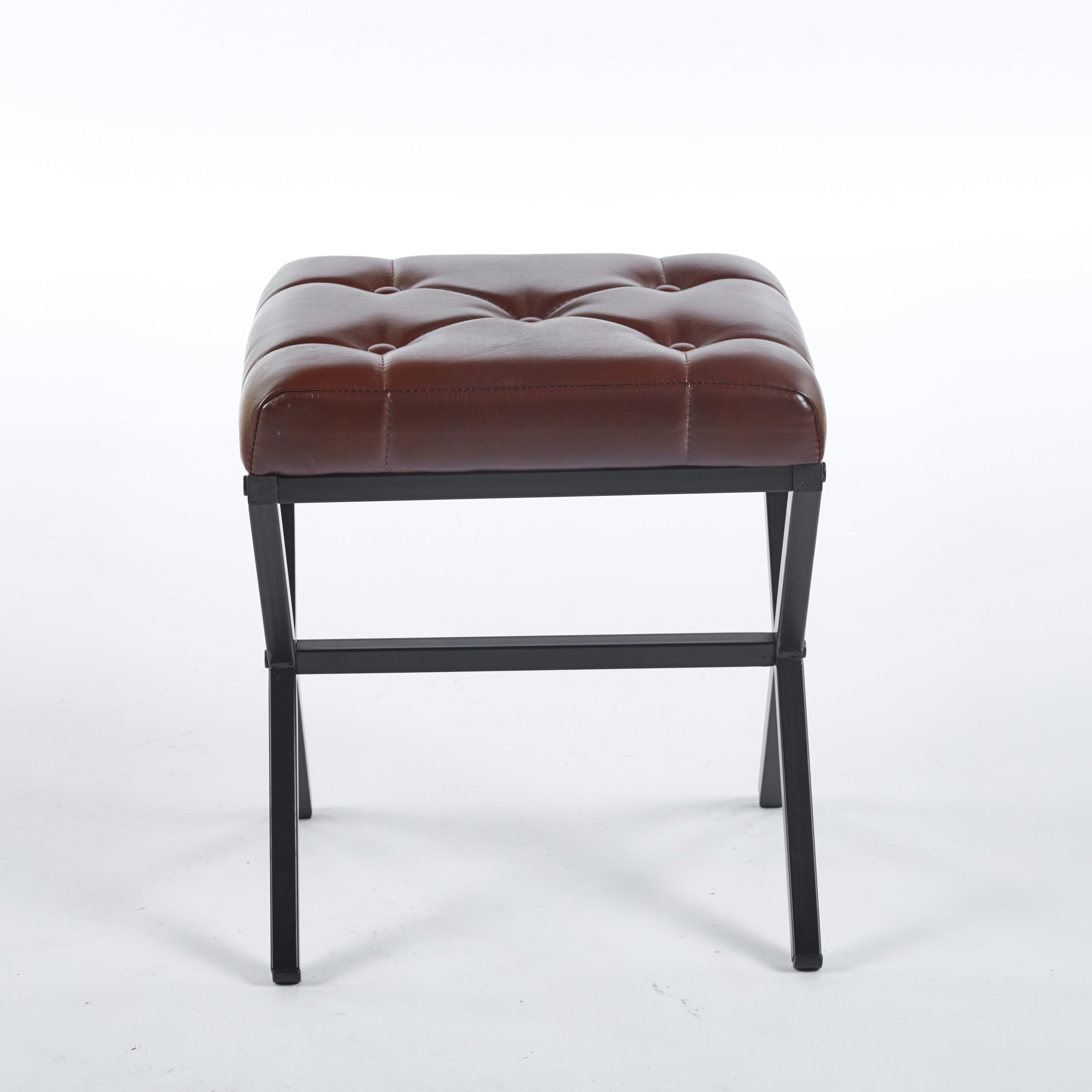 Vanity Stool - Square Faux Leather Makeup Seat with Metal X Legs, Small Ottoman Chair for Makeup Room, Living Room - Modern Padded Foot Rest (Dark Brown)