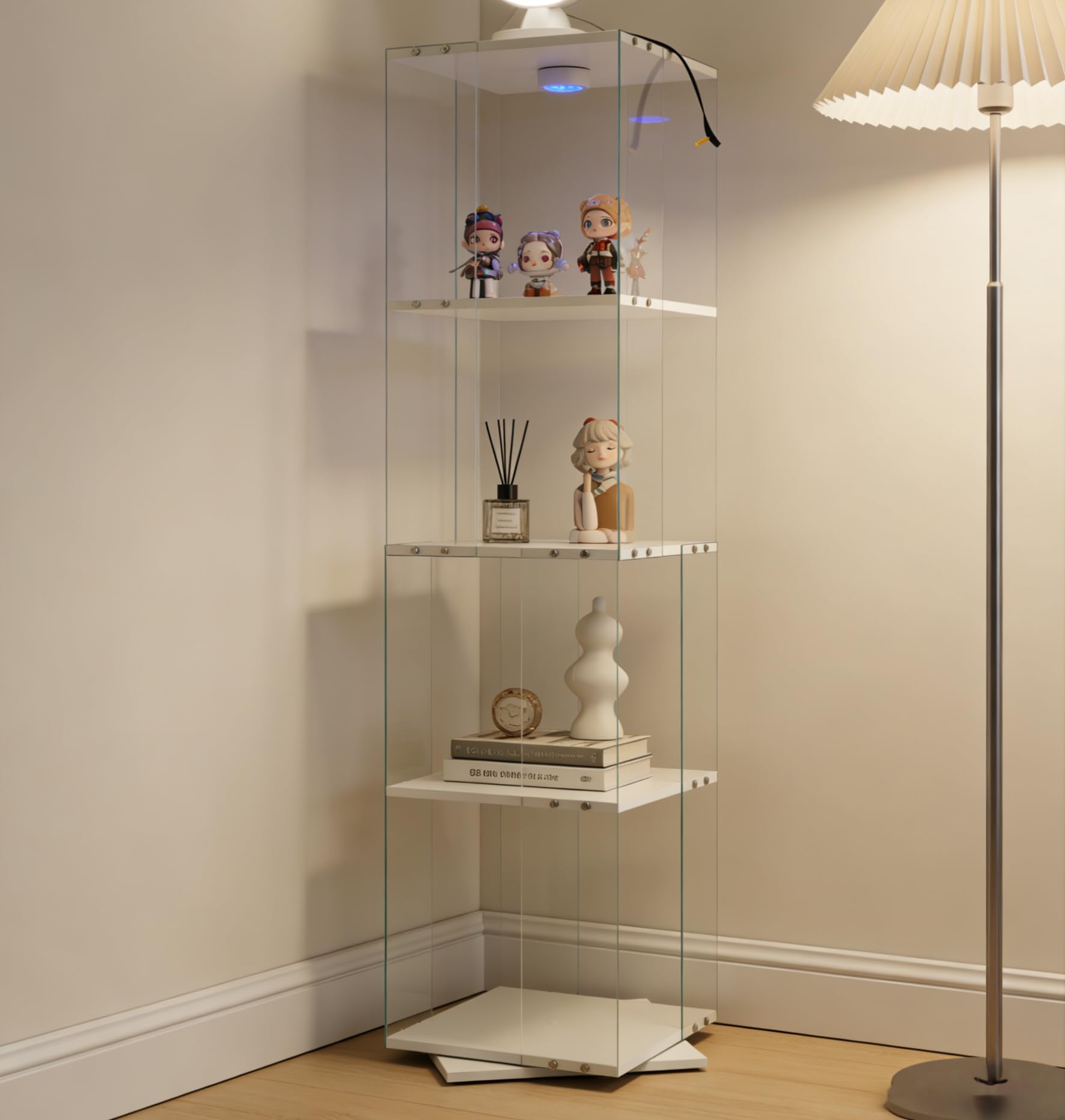 Tempered Glass Display Cabinet with Doors, Curio Cabinet with Lights,Rotatable 4 Tier Glass Display Case for Living Room,Dining Room,Corridor,Office (White, 4-Tier)