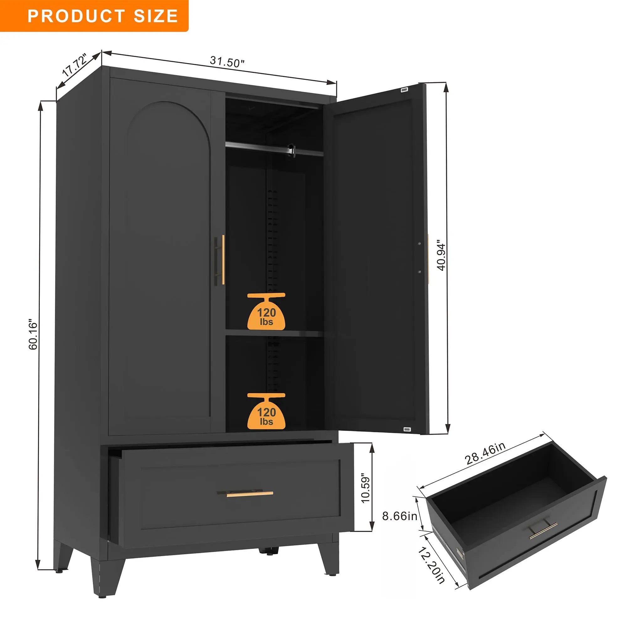 QIHAI Bedroom Armoires,71" Tall Metal Wardrobe Cabinet with 2 Drawers and Hanging Rod, 2 Doors Wardrobe Closet with Shelf for Bedroom, Office, Laundry Room,Entryway,Foyer,Guesthouse,White QIHAI