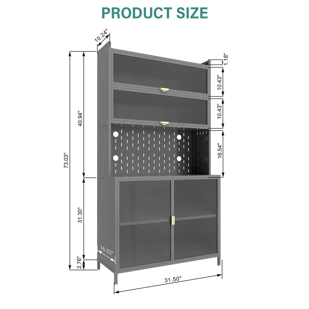 73'' Tall Kitchen Pantry Cabinet, 6 Level Flip Door with Pegboard Metal Pantry Storage Cabinet, Anti-Tip Design Hutch for Kitchen, Dining Room, Living Room,Grey QIHAI