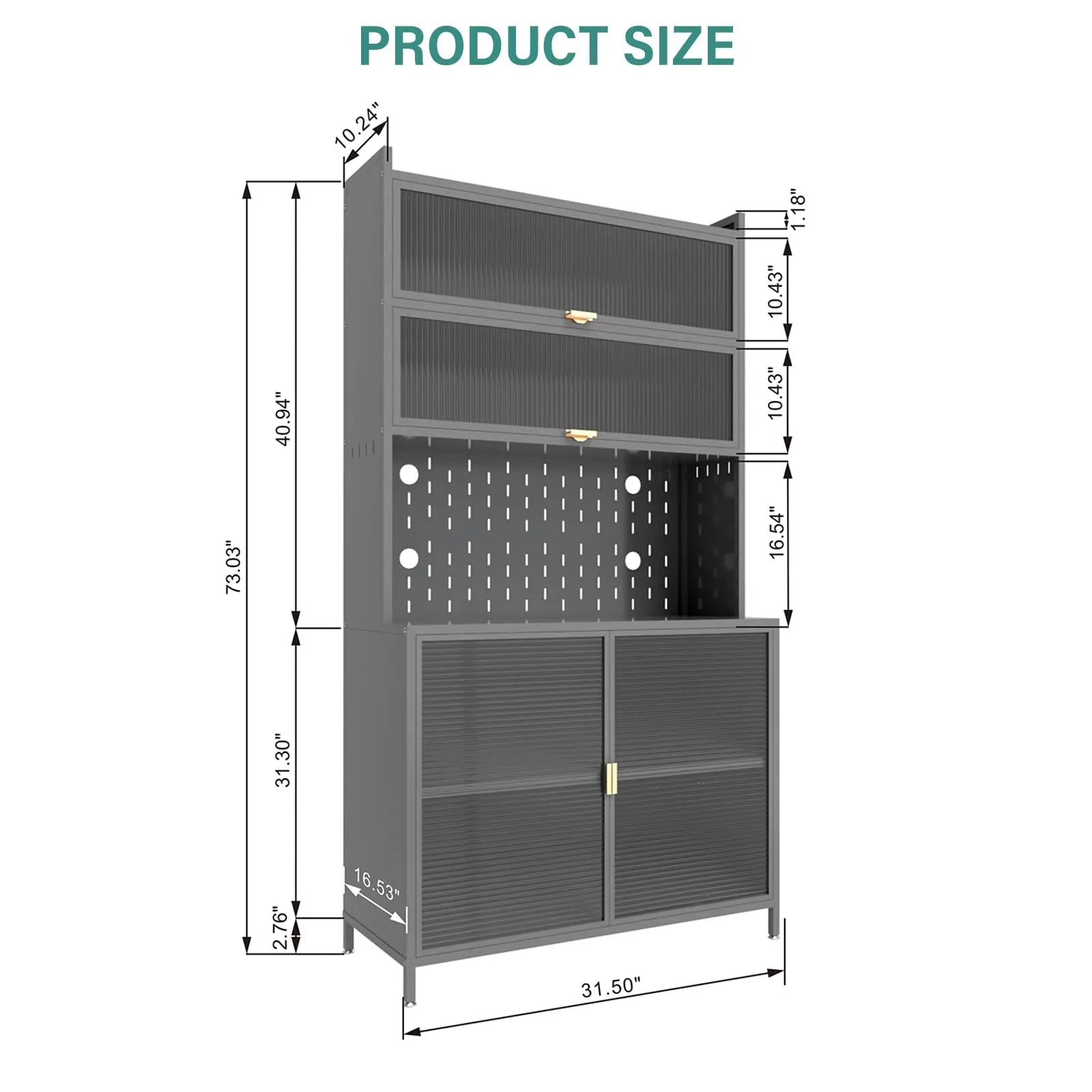 73'' Tall Kitchen Pantry Cabinet, 6 Level Flip Door with Pegboard Metal Pantry Storage Cabinet, Anti-Tip Design Hutch for Kitchen, Dining Room, Living Room,Grey QIHAI