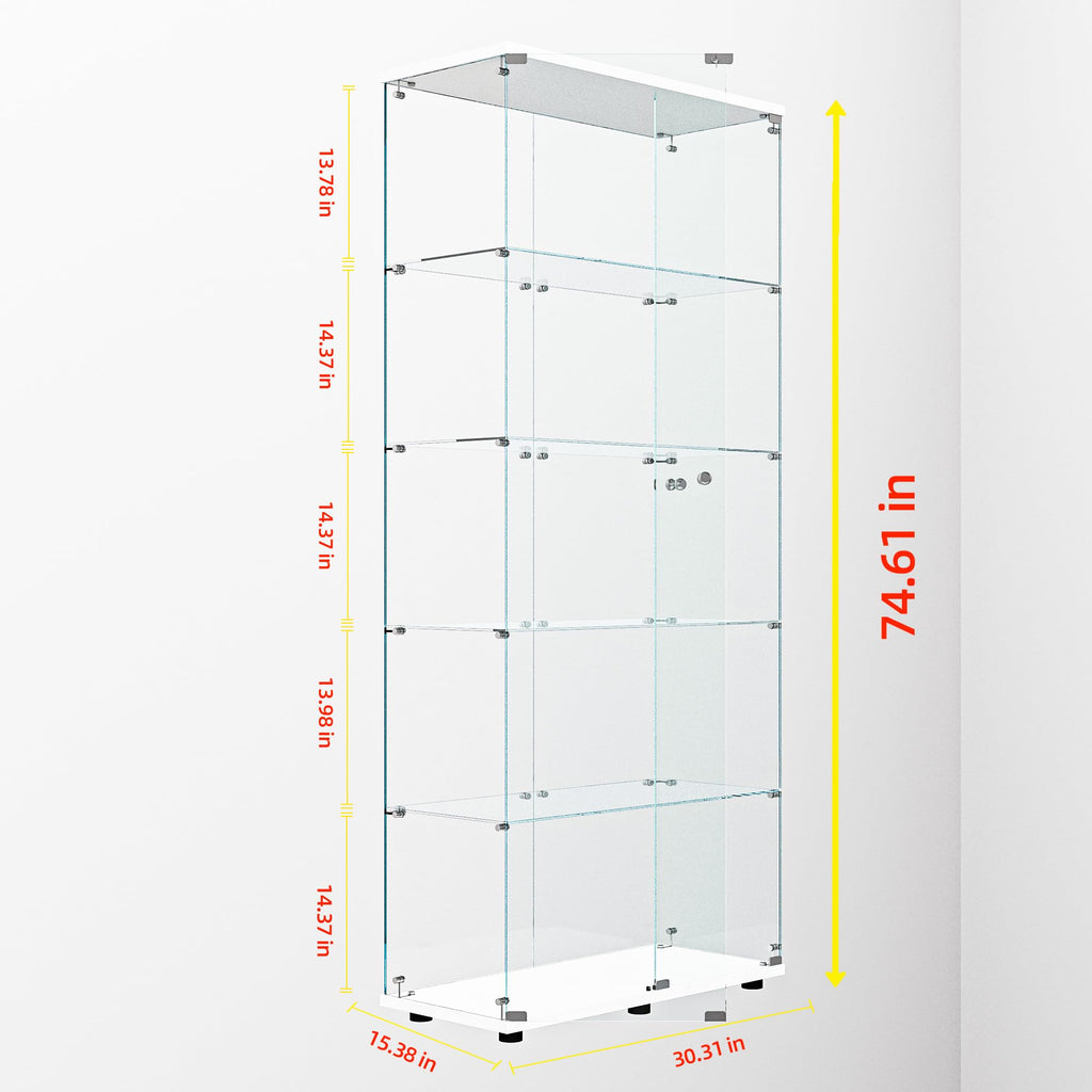 Glass Display Case with Lights,Tempered Glass Curio Cabinets with Glass Doors and Lock,Glass Display Cabinet for Bedroom, Living Room,Kitchen (White, 2 Door-5 Tier)